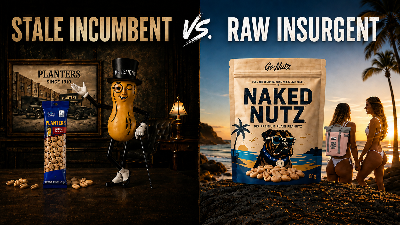 Stale Incumbent versus Raw Insurgent: vintage Planters and Mr. Peanut contrasted with Dix Nutz beach lifestyle branding.