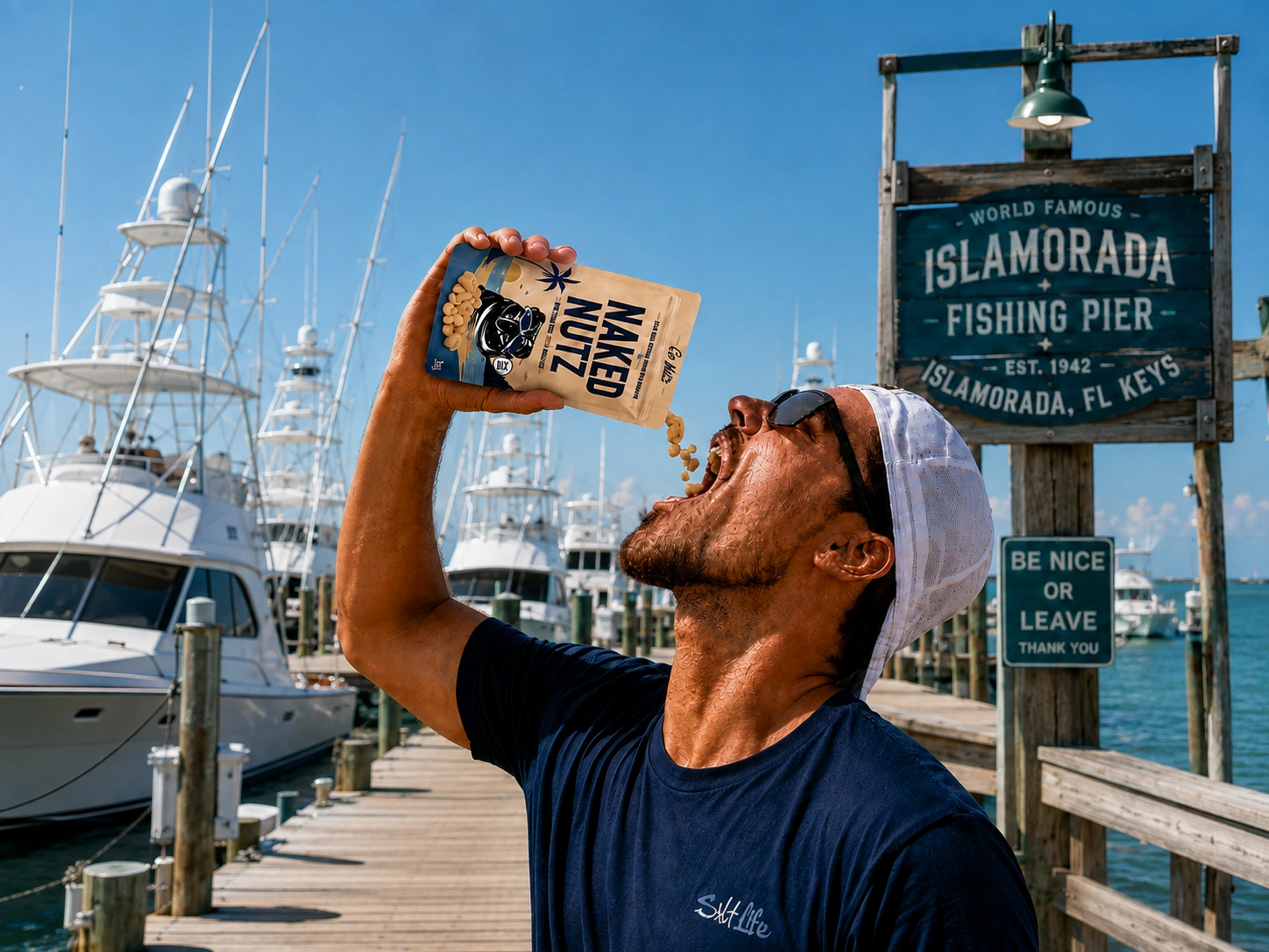 A man pouring Naked Nutz peanuts at an Islamorada fishing pier with large sportfishing yachts docked behind him.