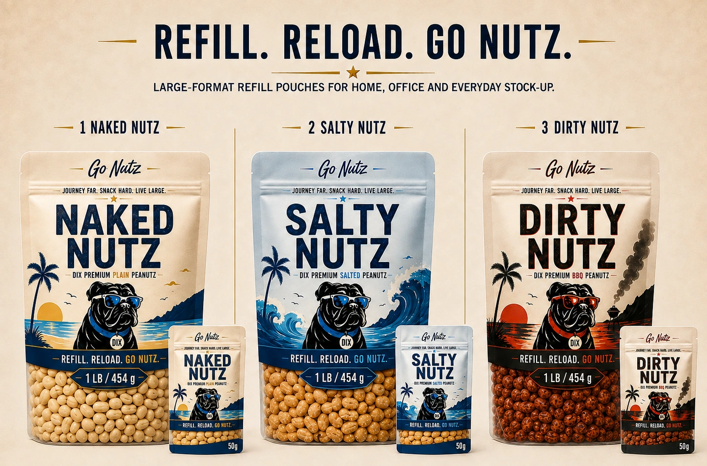 Dix Nutz refill pouches in Naked, Salty and Dirty flavours with more compact travel-size packs and the headline Refill. Reload. Go Nutz.