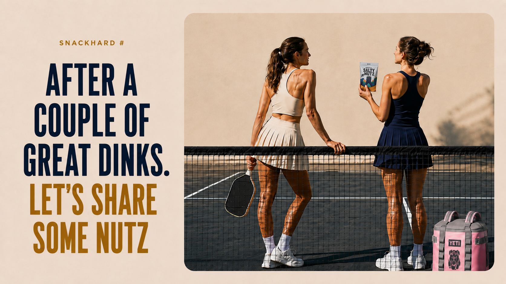 Dix Nutz pickleball lifestyle scene with two players, Salty Nutz and the message After a couple of great dinks. Let's share some Nutz.
