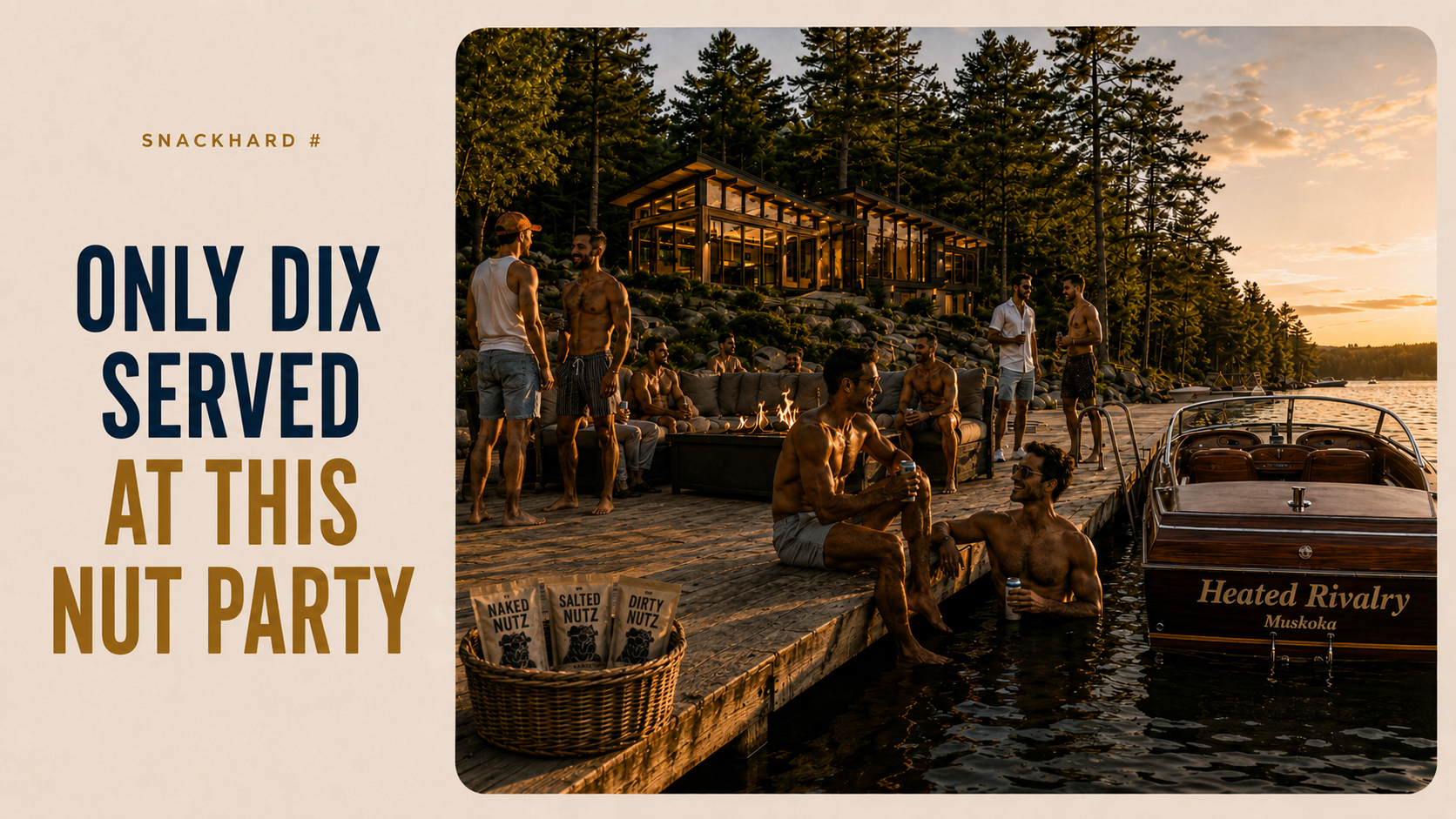 Dix Nutz Muskoka dock party scene with the Naked, Salted and Dirty varieties and the message Only Dix served at this Nut Party.